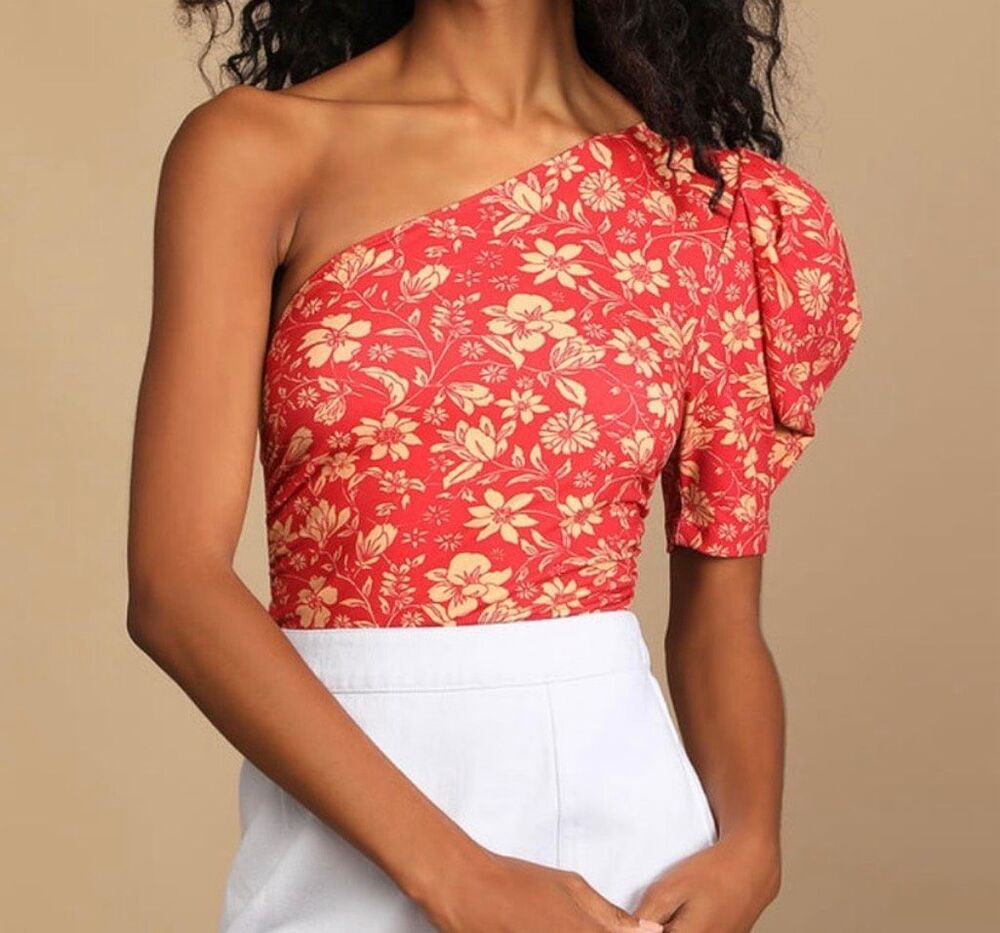 Free People Somethin Bout You Bodysuit Top Small Red Floral Puff One-Shoulder S